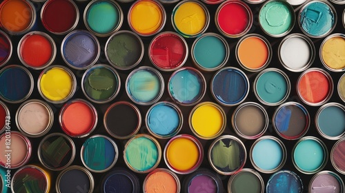 top view many paint colors in a cans realistic