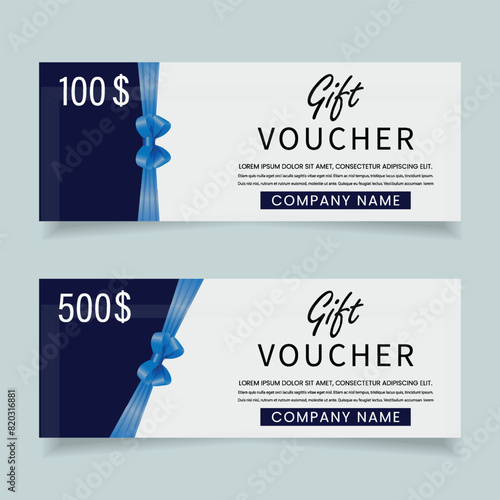 Gift certificates with a bow in blue tones. Promotional coupon templates.