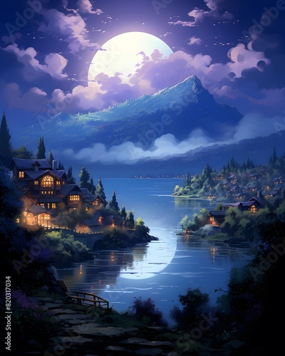Village on the bank of the lake at night in full moon light