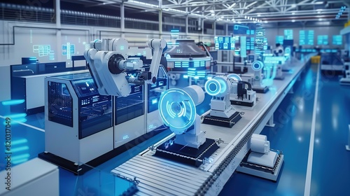 Industry 4.0 smart factory interior showcases IIoT machines, efficient workstations, and automated production lines, optimizing the manufacturing process for improved performance photo