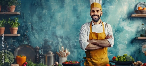 Confident chef in a commercial kitchen, wearing a toque and apron, with arms crossed.