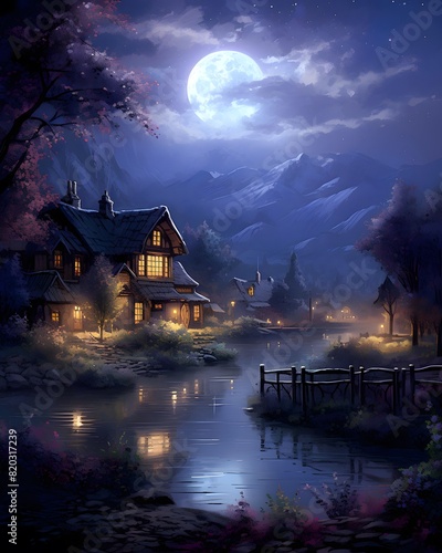 Beautiful house at night with full moon in the background. Digital painting. © Iman