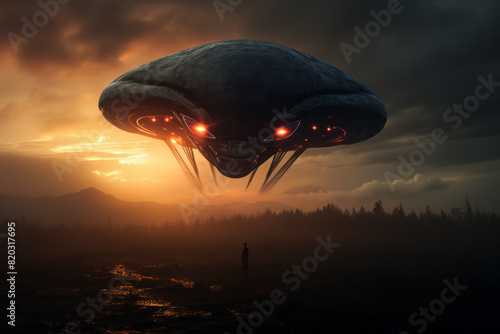 At sunset, a big flying object with red eyes soars over a field. The scene is set in the sky with natural landscape features, capturing a moment of dusk and wildlife amidst the darkness
