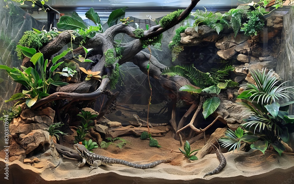 Lush reptile terrarium setup with natural foliage, logs, and sandy