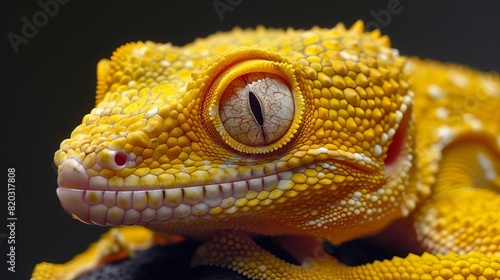 Close-up of a vibrant yellow gecko with intricate skin patterns and a large eye on a dark background  showcasing unique reptile features.