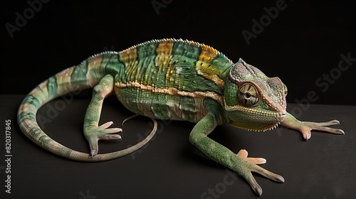 Colorful chameleon with vibrant scales in various shades of green and yellow on a dark black background  showcasing its detail.
