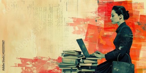 A woman is sitting on a stack of books, typing on her laptop She is wearing a suit and has a stern expression on her face The background is a red and pink abstract painting. AIGZ01 photo