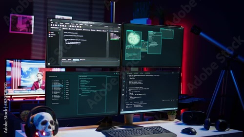 Script running on computer in secret base of operations used by hacker to steal data. Programming language on screen in empty room used by cybercriminal, attacking firewalls photo