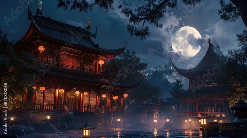 traditional chinese temple at night realistic