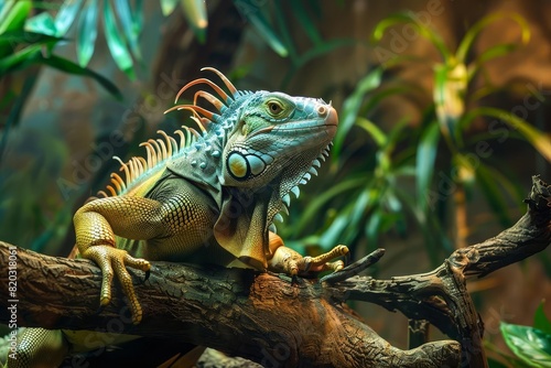 A vibrant iguana perched on a tree branch in a lush jungle  showcasing its colorful scales and serene environment.