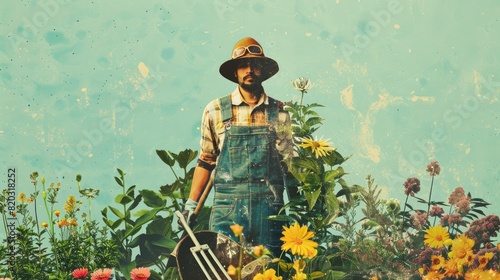 A farmer is standing in a field of flowers He is wearing a hat and overalls The farmer is holding a scythe The sun is shining brightly The farmer is smiling. AIGZ01
