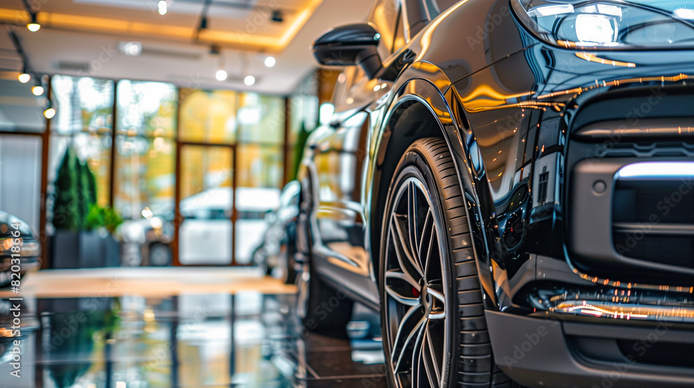 Fototapeta premium Shiny black car with city lights bokeh effect. Image of luxury cars