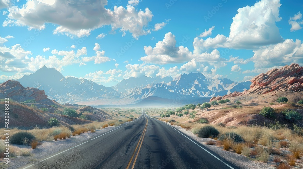 Traveling along a serene desert highway under majestic mountains. Generative AI realistic
