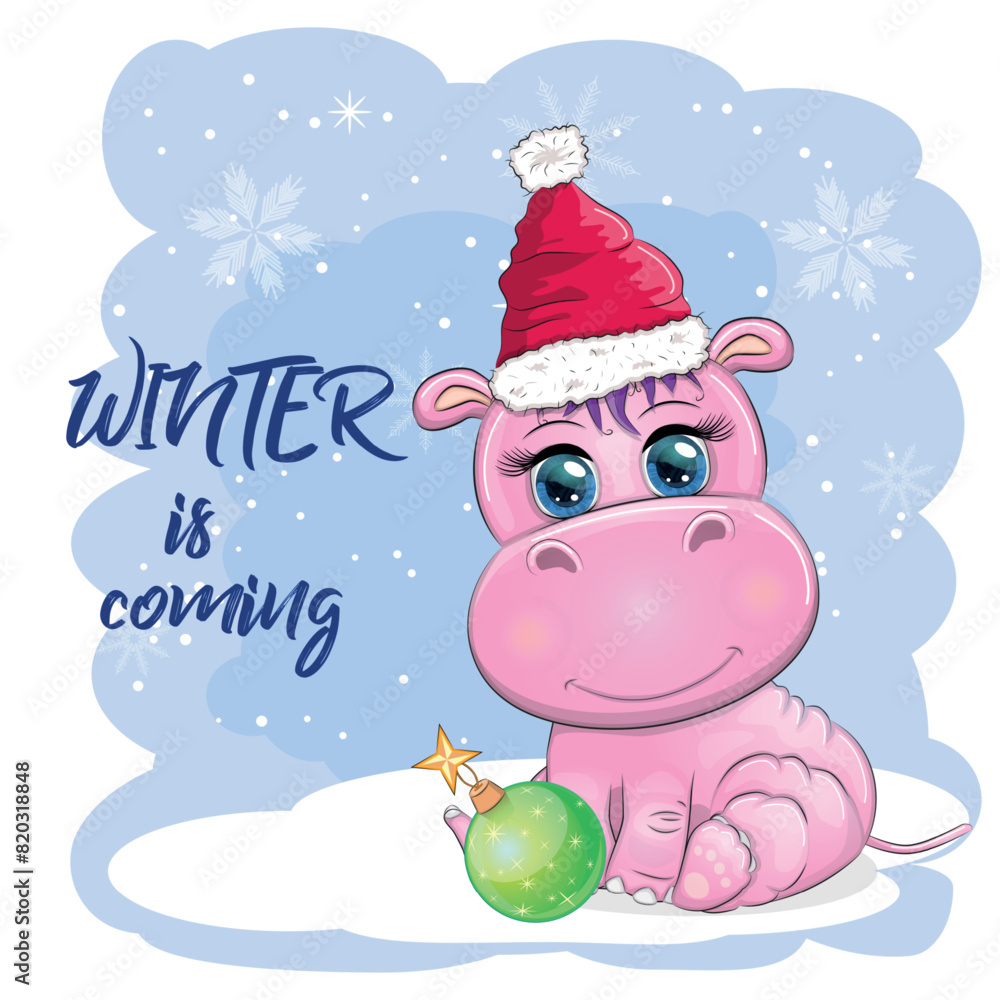 Cute cartoon hippo in Santa hat with gift, Christmas ball and candy cane. New Year and Christmas holiday Cute cartoon hippo in Santa hat with gift, Christmas ball and candy cane. New Year and Christmas holiday