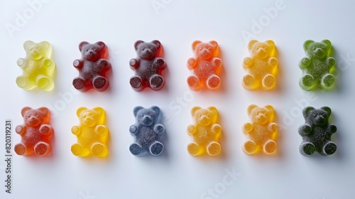 Colorful vegan gummy bears made from agar-agar, shaped like fruits on white surface