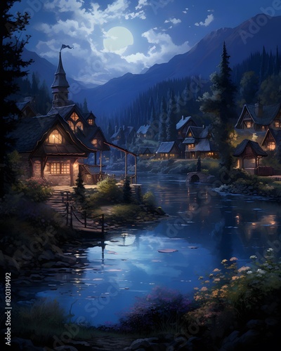Digital painting of a small village in the highlands at night.