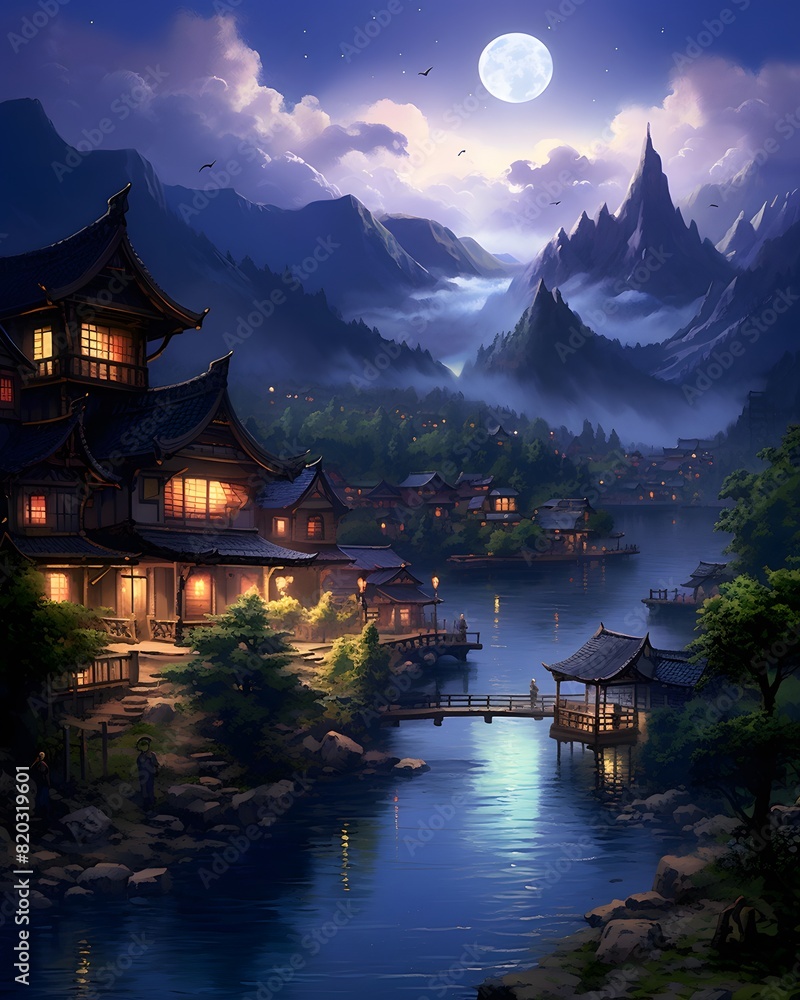 Fantasy landscape with old village in the mountains at full moon night