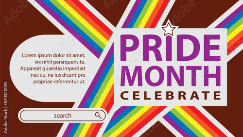 Landing page celebrating LGBT Pride month in June. Lesbians, gays, bisexuals, transsexuals. LGBT flag and heart. Rainbow love concept. Human rights and tolerance. Poster, postcard, banner.