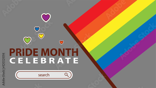 Landing page celebrating LGBT Pride month in June. Lesbians, gays, bisexuals, transsexuals. LGBT flag and heart. Rainbow love concept. Human rights and tolerance. Poster, postcard, banner.