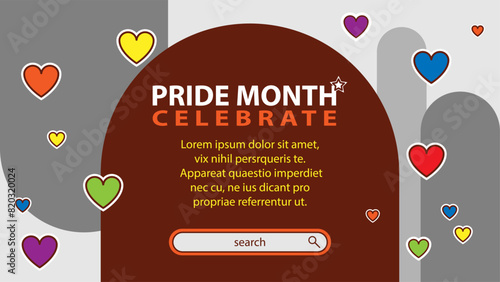 Landing page celebrating LGBT Pride month in June. Lesbians, gays, bisexuals, transsexuals. LGBT flag and heart. Rainbow love concept. Human rights and tolerance. Poster, postcard, banner.