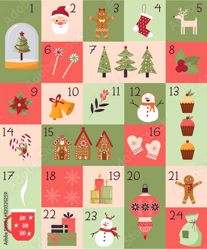 Christmas advent calendar. Magic ball, Christmas tree toys and Santa. Gingerbread houses and men, cupcakes and a cup of cocoa. Mittens and socks, decorative plants. Vector. Flat style. Vector