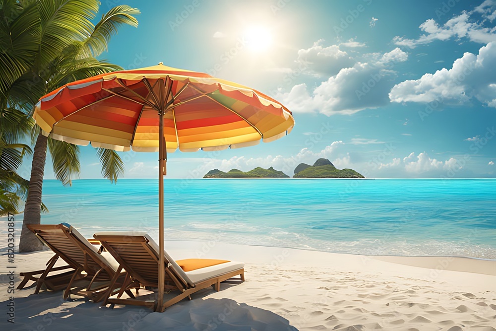 Capture a pristine beach scene with clear turquoise waters, soft white sand, and a colorful beach umbrella under a bright blue sky. Capture a pristine beach scene with clear turquoise waters, soft white sand, and a colorful beach umbrella under a bright blue sky.