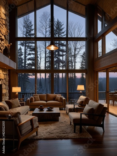 A double-height ceiling living room with a large  floor-to-ceiling window on one side log cabin.