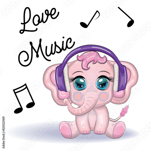 Cute cartoon elephant, childish character with beautiful eyes wearing headphones, music lover listening to music or learning lessons