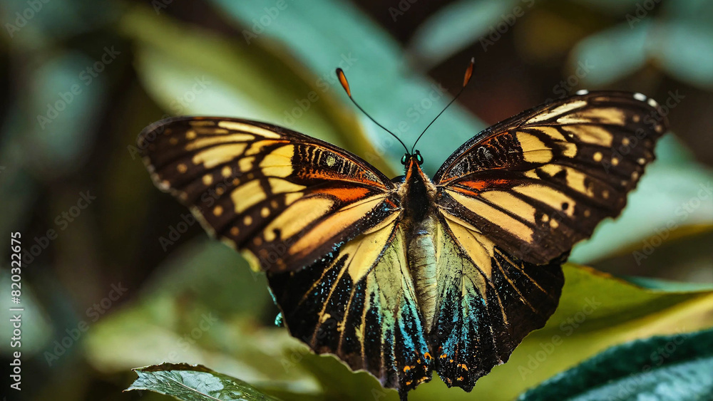 Naklejka premium Butterfly with closed wings perched on a leaf 16:9 with copy space