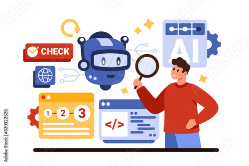 Control over work and support of AI assistant and automation services. Tiny man learning robots answers to questions through magnifying glass, working with software code cartoon vector illustration