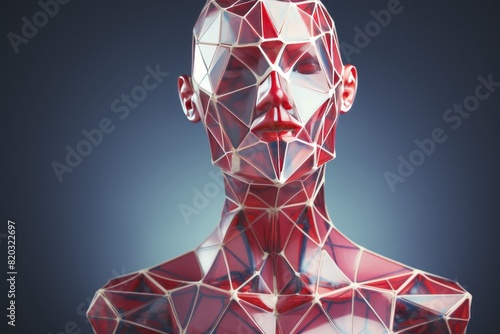 Futuristic polygonal female mannequin in vibrant red with shiny reflective surface on dark blue background. Eye-catching 3D rendering for digital art and fashion design projects.