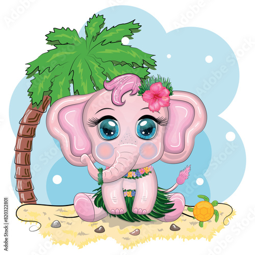 Cute cartoon elephant, child character with beautiful eyes, wearing flippers and mask, on the beach and on vacation