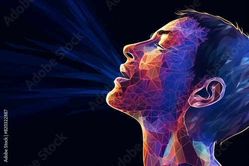 Colorful polygonal man head in futuristic digital environment, symbolizing innovation, creativity, and advanced technology. Dynamic design conveys modernity and futuristic concepts.