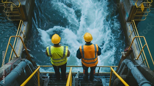 Two engineers in high visibility work wear and yellow helmets stand at the dam gate of the river Tis jumper, with flowing water behind them. The camera is facing back to view from above.