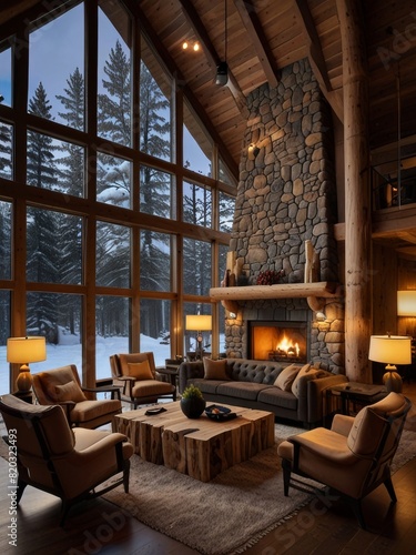 A double-height ceiling living room with a large, floor-to-ceiling window on one side log cabin. © Damai Studio