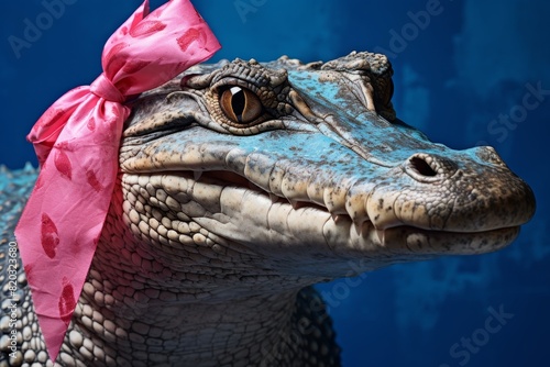 Intriguing close-up of a whimsical alligator adorned with a cute pink bow on its head, gracefully navigating through the tranquil dark blue-green waters, creating a captivating and enchanting scene.