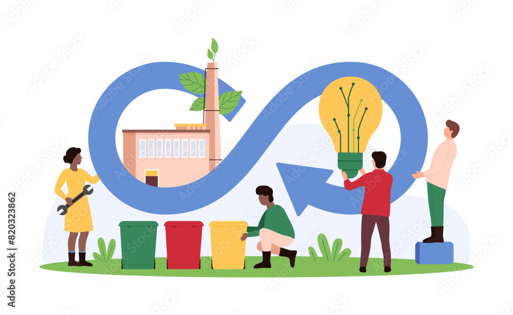 Circular economy, sustainable business development and manufacturing strategy, waste management. Tiny people reuse materials in industry in infinity circulation cycle cartoon vector illustration