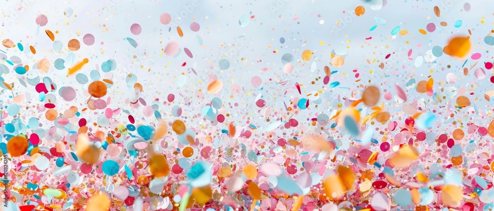 Vibrant confetti in various hues is seen soaring through the air, creating a celebratory atmosphere at a lively event. Vibrant confetti in various hues is seen soaring through the air, creating a celebratory atmosphere at a lively event.