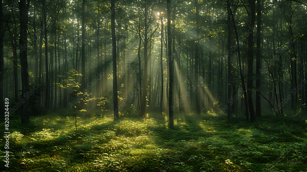 Fototapeta premium Tranquil Forest Retreat - Towering Trees and Serene Landscapes