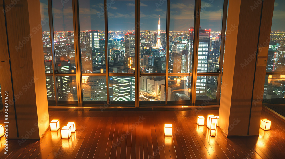 Modern apartment with floor-to-ceiling windows, night cityscape view, warm interior lighting, Tokyo skyline, luxurious and serene Modern apartment with floor-to-ceiling windows, night cityscape view, warm interior lighting, Tokyo skyline, luxurious and serene