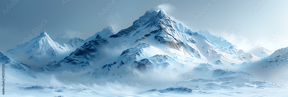 Barren Mountain Landscape with Snow-Capped Peaks at Sunset or Sunrise
