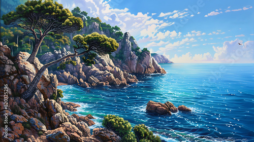 a breathtaking coastal scene with rocky cliffs, clear blue waters, and a prominent tree in the foreground photo