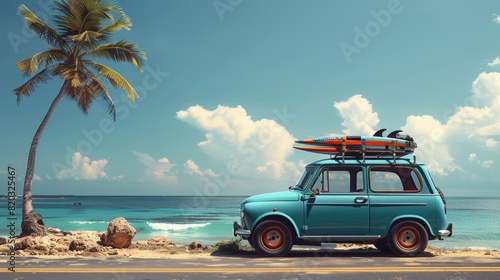 A vintage car with a surfboard on its roof parked on a tropical beach , A summer holiday photo