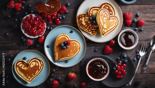 Heart shaped pancakes with fruit and sauce. 