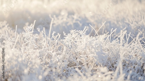 A patch of tall grass covered in stunning hoar frost resembling a field of glittering white diamonds.