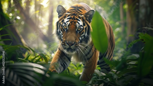 : A majestic Bengal tiger prowling through a lush, green rainforest with sunlight filtering through the canopy, highlighting its vibrant orange and black stripes,