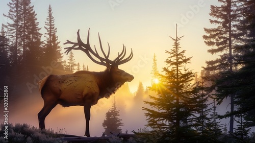   A majestic elk standing proudly in a misty forest clearing at dawn  its impressive antlers silhouetted against the rising sun  with a backdrop of towering pine trees 