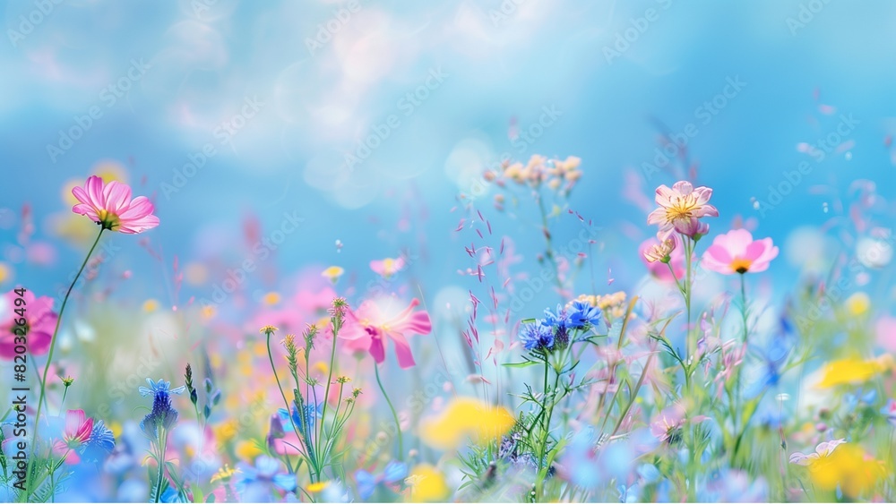 Colorful wildflowers in the meadow, blue sky background, beautiful spring landscape, sunny day, nature photography, closeup shot, bokeh effect, blurred focus on flowers, vibrant colors, natural light, Colorful wildflowers in the meadow, blue sky background, beautiful spring landscape, sunny day, nature photography, closeup shot, bokeh effect, blurred focus on flowers, vibrant colors, natural light,