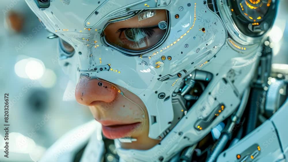 close up view of futuristic female robot looking at camera in neon light close up view of futuristic female robot looking at camera in neon light