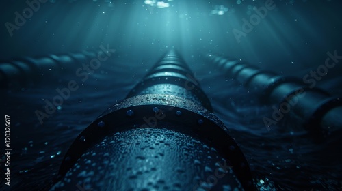Underwater view of the pipeline disappearing into the darkness of the ocean depths.